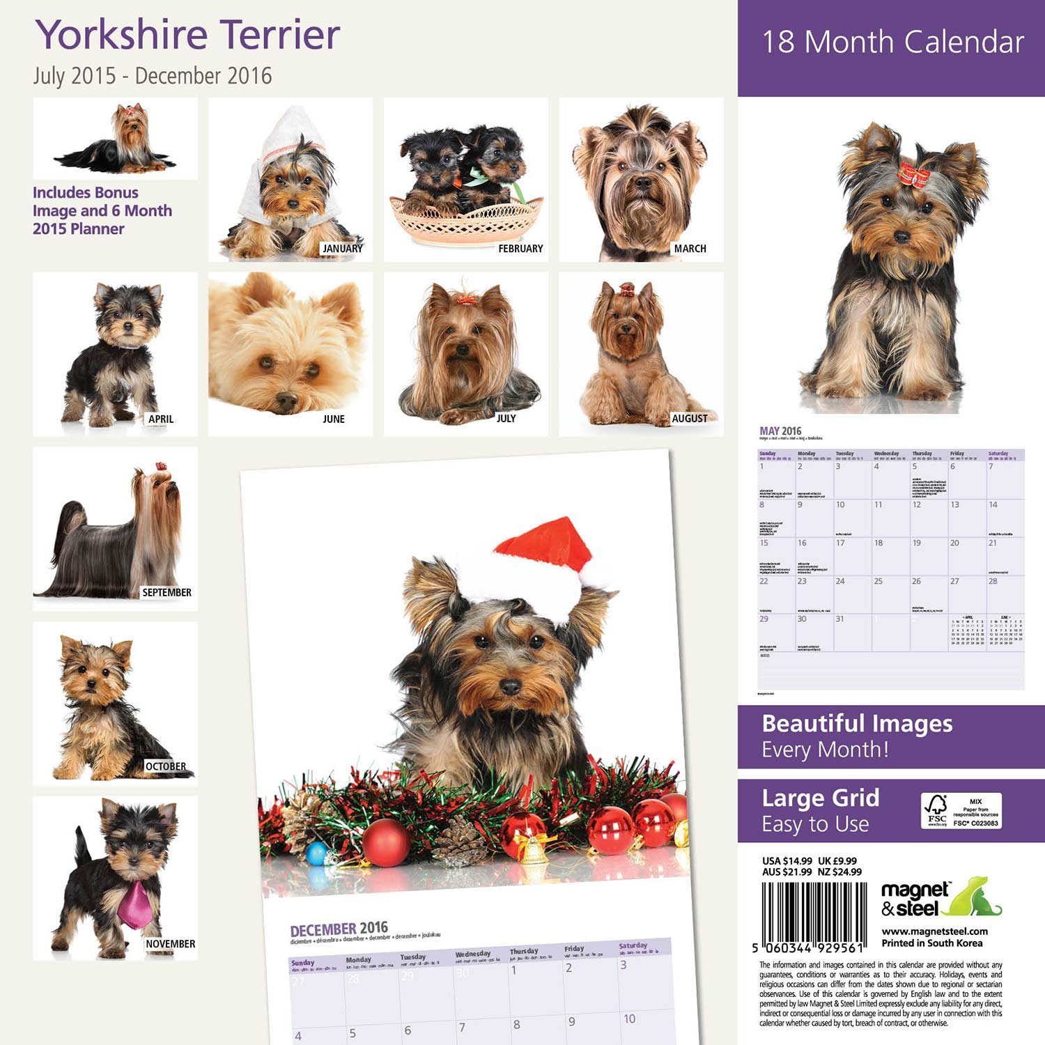 Magnet & Steel 18 Month 2016 Wall Calendar, Yorkshire Terrier 
